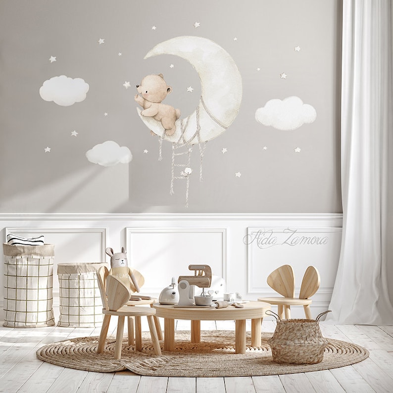 Fabric Wall Decal BEAR on MOON Nursery Wall Decal Etsy