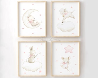 SET of four Elegant Nursery Art "ANIMALS with STARS" Archival Print, Nursery wall art, Nursery animals, Girls nursery art, Baby girl prints