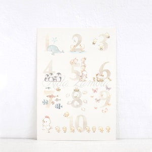 May include: A watercolor illustration of numbers 1 through 10 with various animals. The numbers are in a light brown color and the animals are in shades of blue, brown, gray, and yellow. The animals include a whale, ducks, bees, penguins, bears, fish, butterflies, and chicks.