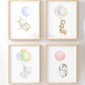 SET of four Watercolor Nursery Art ANIMALS with BALLOONS, Ballons Animals Prints, Balloon wall art, Nursery balloons art, Aida Zamora.