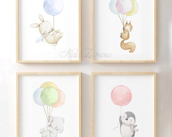 Set aus VIER Babydrucken „TIERE mit BALLONS“ Tierdrucke, Kindergemälde, Hase mit Luftballons, Elefant, Aida Zamora