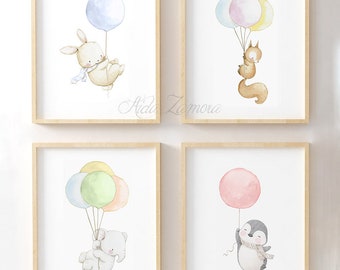 May include: Four watercolor illustrations of animals holding onto balloons. A bunny with a blue balloon, a squirrel with three balloons in pink, yellow, and green, an elephant with three balloons in blue, green, and pink, and a penguin with a pink balloon.