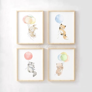 Set of four Watercolor Nursery Art WOODLAND ANIMALS with BALLOONS, Ballons Animals Prints, Balloon wall art, Nursery balloons art, Woodland.