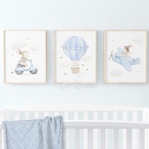 SET of three Nursery Art &quot;TRANSPORTATION&quot; Nursery wall art, Nursery Plane, Boy nursery prints, Hot air Balloon wall art, watercolor balloon