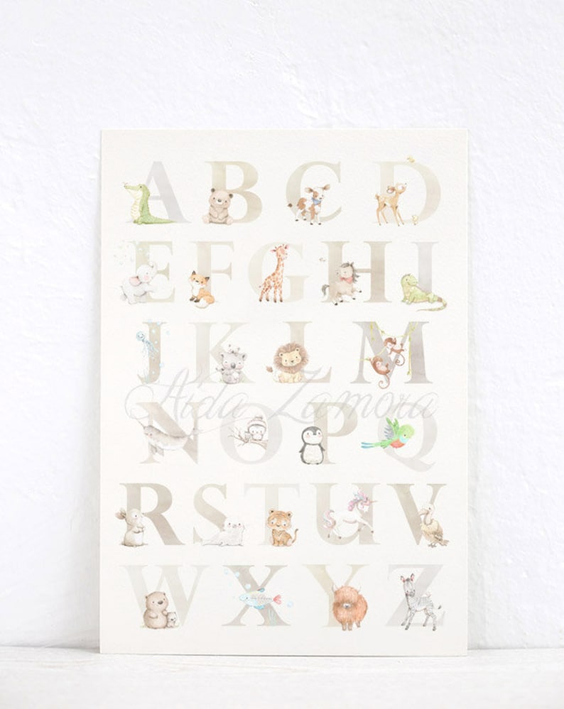 Set of two ABC & Numbers wall art, ENGLISH Alphabet, Animal Alphabet, Alphabet art print, Numbers print, ABC nursery art, Aida Zamora image 6