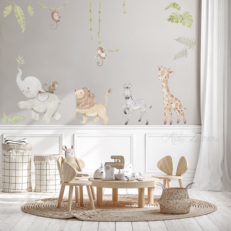 Reusable Fabric Wall Decal, SAFARI ANIMALS, Nursery wall decal, Watercolor decal, Safari Nursery sticker, African animals wall decal. image 2