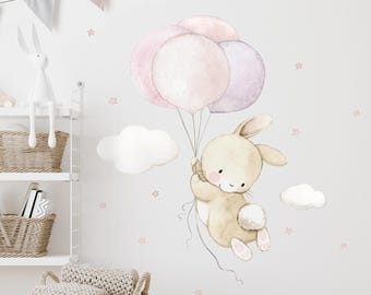Vinilo de Conejito con Globos para Pared, Adhesivo Infantil de Tela con Estrellas y Nubes para Habitación de Bebé