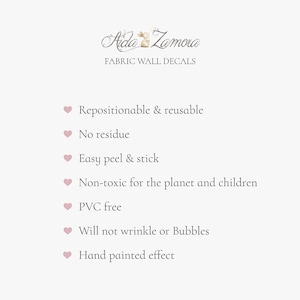 May include: Aida Zamora fabric wall decals. Features include repositionable and reusable, no residue, easy peel and stick, non-toxic, PVC free, wrinkle-resistant, and hand-painted effect.