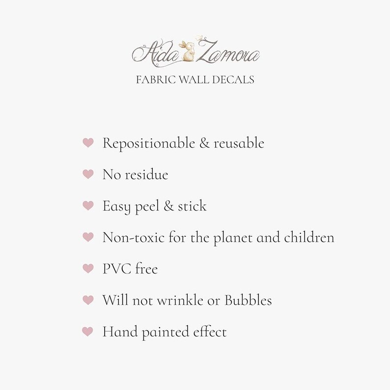 May include: Aida Zamora fabric wall decals. Features include repositionable and reusable, no residue, easy peel and stick, non-toxic, PVC free, wrinkle-resistant, and hand-painted effect.