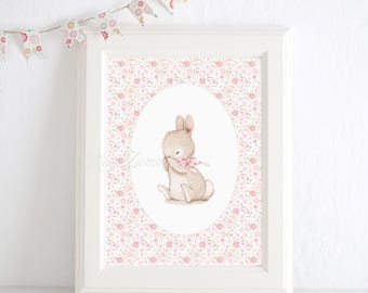 Nursery Art, Floral BUNNY, Whimsical art, Nursery art, Bunnies nursery prints, Bunny wall art, watercolor bunny art, Bunny with bow