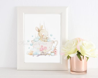 Print for bathroom "BATH with MOM" Art Print, Watercolor tub, Bunny in the bathtub, Bathroom wall art, Bathroom picture, Aida Zamora.