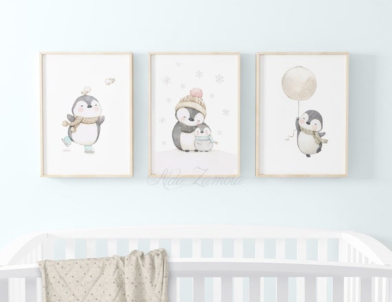 Conjunto de TRES Láminas "PINGÜINOS" Láminas infantiles, cuadros Infantiles, animales polares, lámina de pingüino, pngüino bebé, Aida Zamora