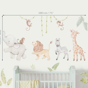 May include: Watercolor wall decals featuring jungle animals, including an elephant, lion, zebra, and giraffe. The set also includes monkeys, vines, and leaves. The dimensions are 71 inches wide and 36.6 inches high.