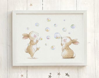 Nursery Art, BUBBLES, Bunnies nursery Print, Bunny Illustration, whimsical art, nursery wall art, bunny watercolor print, Kids bathroom art