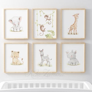 SET of six Watercolor Safari Nursery Art. Safari Animals Prints. Baby Jungle Nursery Decor. Zoo Animal Nursery Decor. Jungle Animals Art