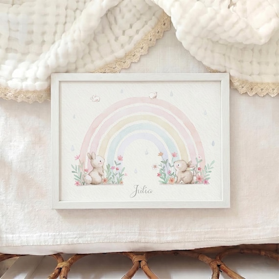 Lámina Infantil, ARCOÍRIS con CONEJITOS, Arcoíris para bebés, Láminas de Arcoíris, Cuadro de Arcoíris, Arcoíris Acuarela, Aida Zamora