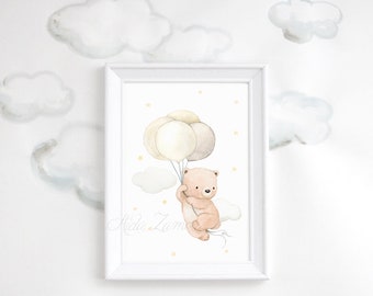 Nursery Art "BEAR with BALLOONS" Art Print, Balloon wall art, Bears nursery art, Bear wall art, Teddy nursery art, Animals with balloons.