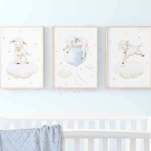 Set di TRE stampe per bambini "PICCOLI AGNELLI" Stampe per neonati, dipinti per bambini di pecore, stampe di agnelli, palloncini, Aida Zamora