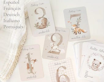 40 Babyverjaardagskaarten, Babykaarten om het eerste jaar te fotograferen, Verschillende talen.