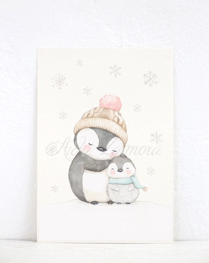 May include: A watercolor illustration of two penguins wearing winter hats and scarves. The larger penguin is wearing a brown and beige hat with a pink pom-pom. The smaller penguin is wearing a blue scarf and a gray hat. The penguins are standing on a white background with snowflakes.