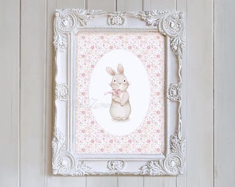 Nursery Art, Floral BUNNY, Whimsical art, Nursery art, Bunnies nursery prints, Bunny wall art, watercolor bunny art, Bunny with bow
