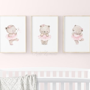 SET of three Girls Art &quot;BALLERINA BEARS&quot; Ballet wall art, Pink nursery wall art, Ballerinas art, Bear ballerina, Balerina nursery art, Bear.
