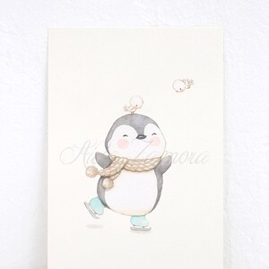 May include: A watercolor painting of a penguin wearing a brown scarf and ice skating. Two small birds are flying above the penguin.