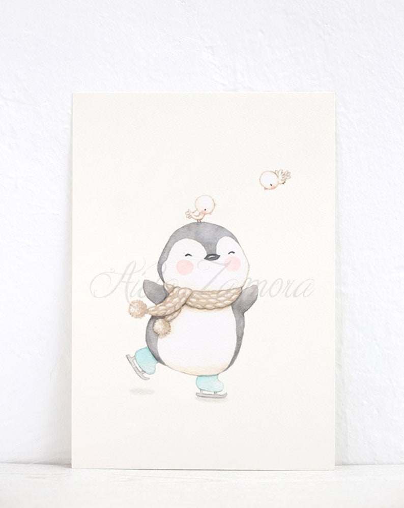 May include: A watercolor painting of a penguin wearing a brown scarf and ice skating. Two small birds are flying above the penguin.
