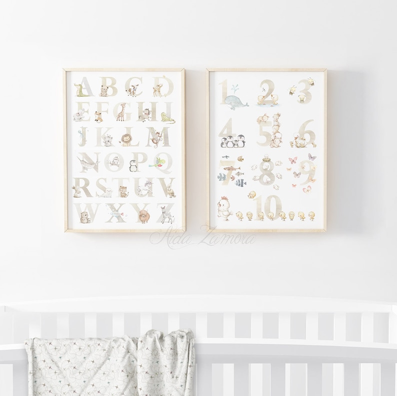 Set of two ABC & Numbers wall art, ENGLISH Alphabet, Animal Alphabet, Alphabet art print, Numbers print, ABC nursery art, Aida Zamora Beige