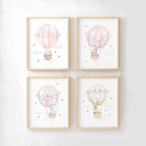 Set of four Nursery Art "Pink HOT AIR BALLOONS" Nursery wall art, Girl nursery prints, Hot air Balloon wall art, Watercolor balloons.