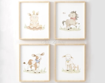 Set di QUATTRO stampe per bambini "ANIMALI DA FATTORIA" Stampe di animali, Immagine per bambini, Stampe di cavalli, Agnello, Aida Zamora