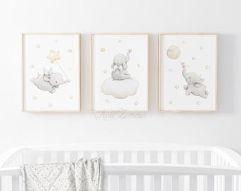 SET of three Nursery Art "ELEPHANTS with WINGS" Nursery wall art, Nursery Elephant Print, Elephant art, Pastel colors prints, Aida Zamora.
