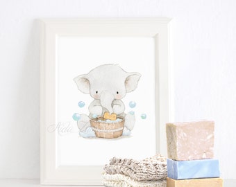 Bathroom print "WASH your HANDS" Watercolor print, Elephant bathroom, Bathroom wall art, Kids bathroom art, wc wall art, Baby bathroom art.