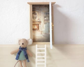 Porte en bois peinte à la main, Porte de la fée des dents, Porte de maison de poupée, Porte de la fée des dents, Porte avec intérieur.