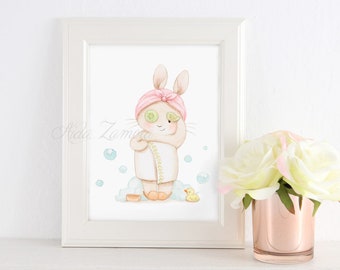 Print for bathroom "BEAUTY TIME" Watercolor print, Bunny in the bathroom, Bathroom wall art, Bathroom picture, wc wall art, Aida Zamora.