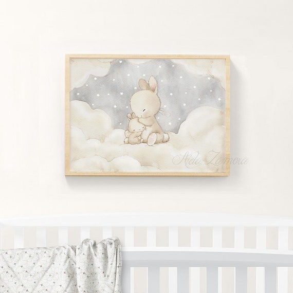 Lámina infantil "CONEJITO sobre las NUBES" Lámina para bebés, Cuadro infantil, Lámina mamá y bebé, Láminas de conejitos, Aida Zamora.
