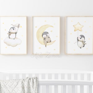 SET of three prints "PENGUINS on CLOUDS" Nursery Print, Nursery penguins, Polar animals print, Watercolor Penguins art, Penguins wall art.