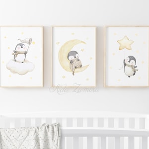 Conjunto de TRES Láminas "PINGÜINOS en las NUBES" Láminas infantiles, cuadros Infantiles, láminas de pingüinos, pingüino bebé, Aida Zamora.