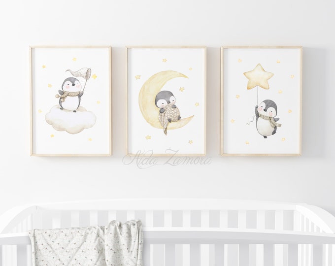 SET of three prints "PENGUINS on CLOUDS" Nursery Print, Nursery penguins, Polar animals print, Watercolor Penguins art, Penguins wall art.