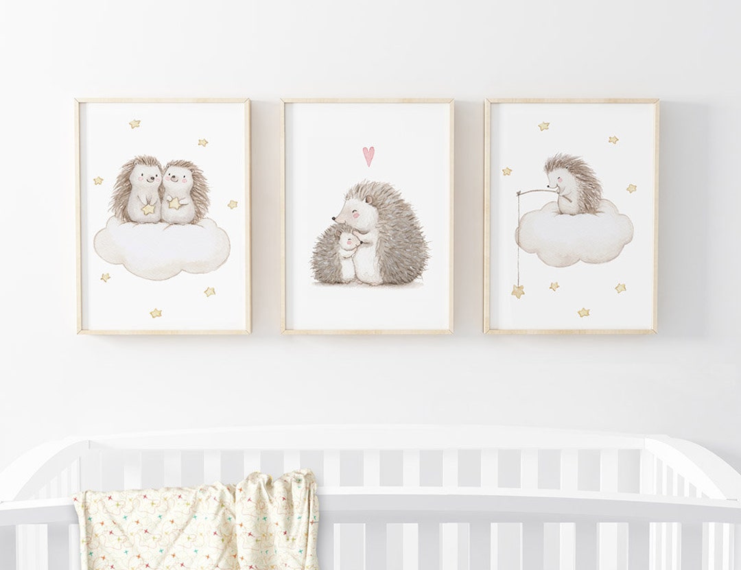 SET of Three Nursery Art "hedgehogs" Archival Print, Nursery Wall Art ...