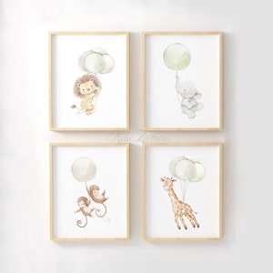 Set of four Watercolor Art "SAFARI ANIMALS with BALLOONS" Balloons Animals Prints, Balloon wall art, Nursery balloons art, Safari Animals