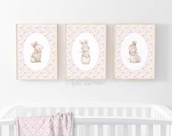 SET of three Nursery Art, Floral BUNNIES, Whimsical art, Nursery art, Bunnies nursery prints, Bunny wall art, watercolor bunny art