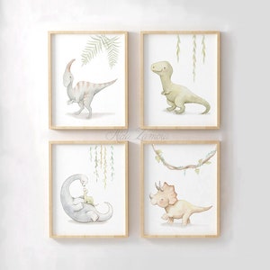 子供用プリント「DINOSAURS」4枚セット 恐竜の子供用絵画、恐竜プリント、水彩恐竜、アイーダ・サモラ