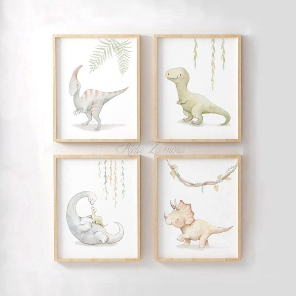 Conjunto de CUATRO Láminas infantiles "DINOSAURIOS" Cuadros infantiles de Dinosaurios, Lámina Dinosaurios, Dinosaurios Acuarela, Aida Zamora