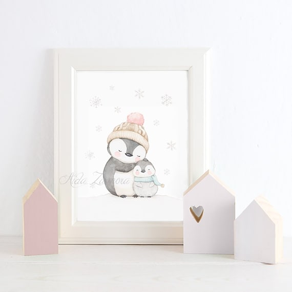 Lámina para bebés "FAMILIA PINGÜINO" Lámina de pingüinos, Cuadro para bebés, Cuadro Infantil, Láminas de invierno, Familias, Aida Zamora