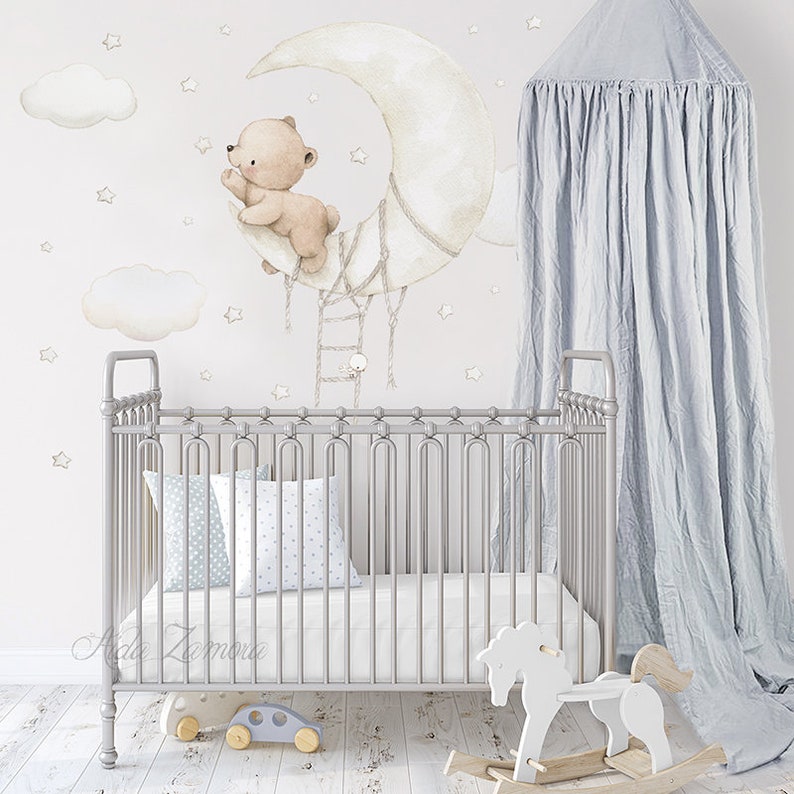Fabric Wall Decal BEAR on MOON Nursery Wall Decal Etsy