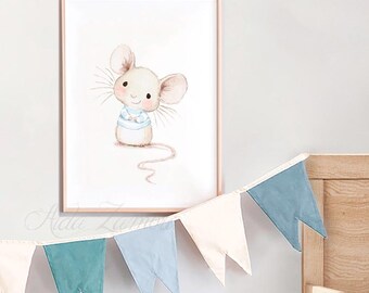 Nursery print "MOUSE" Nursery art, Custom name wall art, Watercolor mice, Mouse nursery art, whimsical art, Mouse nursery art, Aida Zamora.