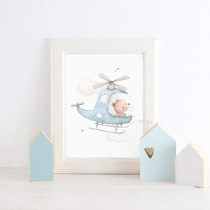 Nursery Art &quot;BEAR in HELICOPTER&quot; Helicopter nursery print, Boys Nursery print, Bear wall art, Transporter nursery art, Helicopter print.