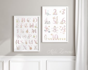 Set of two ABC & Numbers wall art, ENGLISH Alphabet, Animal Alphabet, Alphabet art print, Numbers print, ABC nursery art, Aida Zamora