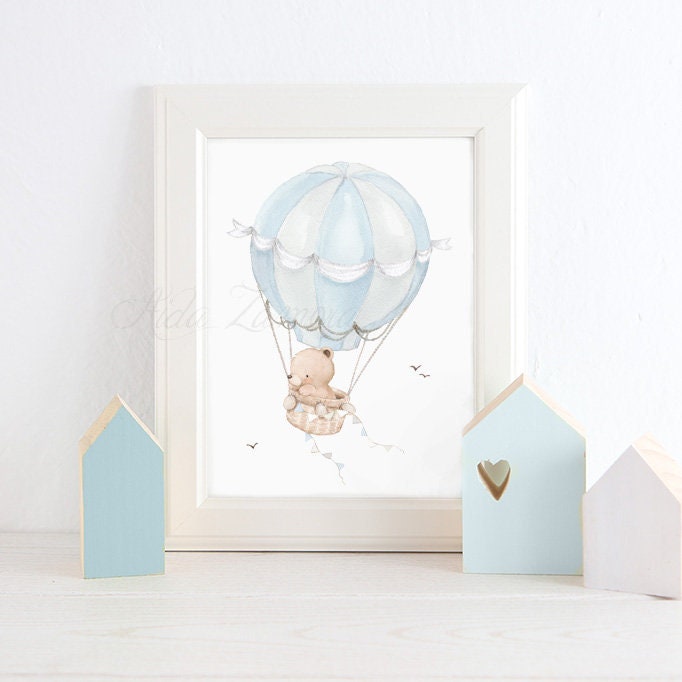 Nursery Art "BEAR on BALLOON" Art Print, Hot air balloon wall art, Nursery art for boys, Bear wall art, Teddy nursery art, Blue balloon.